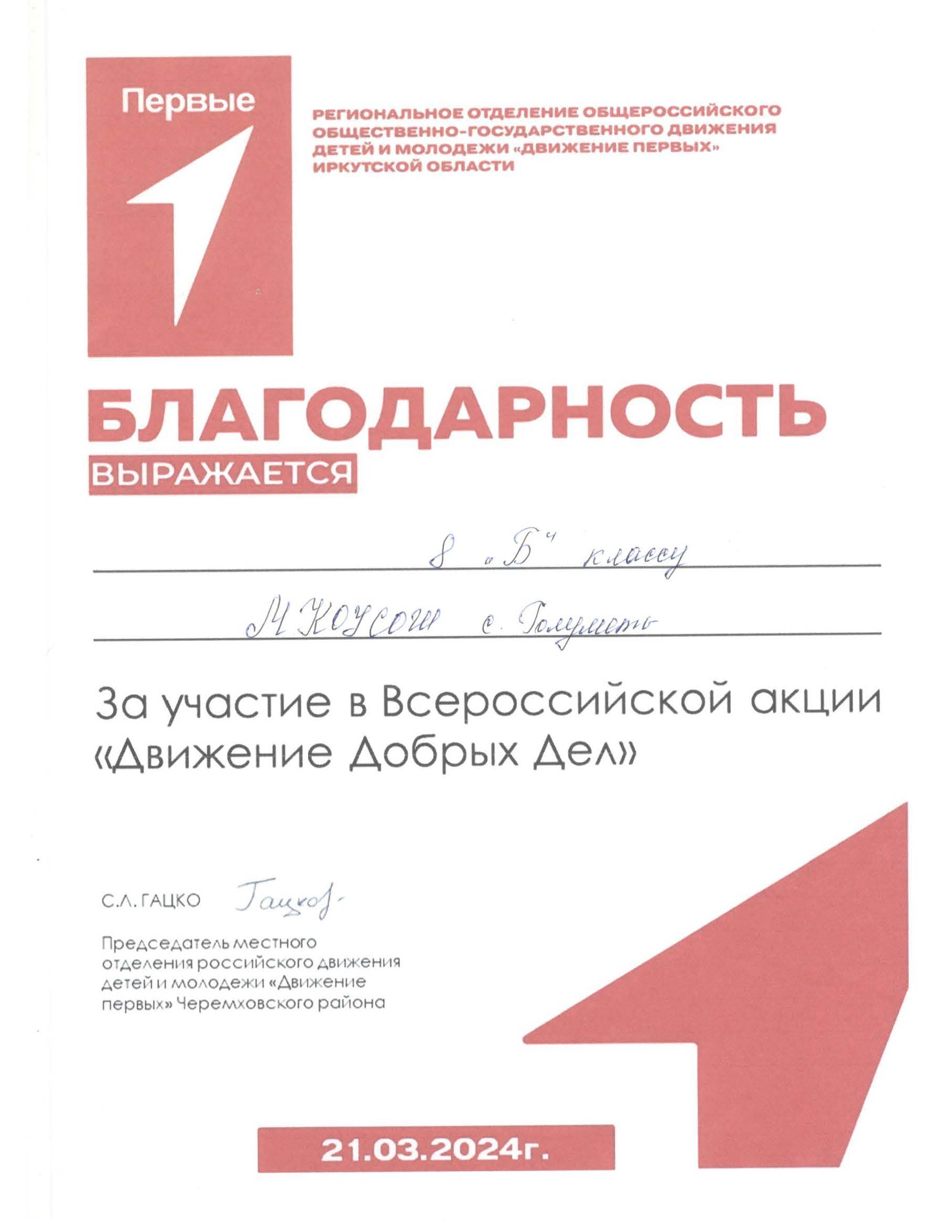 Благодарность 8 Б класс. За участие в Всероссийской акции Движение добрых дел.